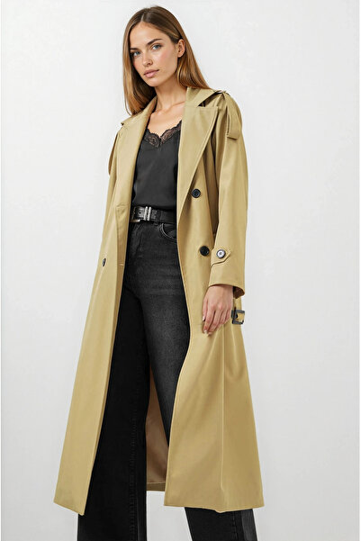 hazelin Kadın Yağ Yeşili Kruvaze Yaka Astarlı Kemerli Mevsimlik Trençkot HZL25W-BD159411