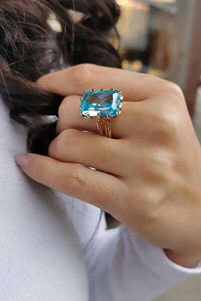 Utku Kuyumculuk 14 AYAR KRİSTAL AQUAMARİN RENGİ TAŞLI ALTIN YÜZÜK