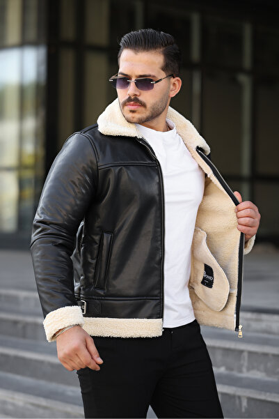 Boymen Ανδρικό δερμάτινο παλτό Χειμερινό δερμάτινο μπουφάν αντιανεμικό με γούνα