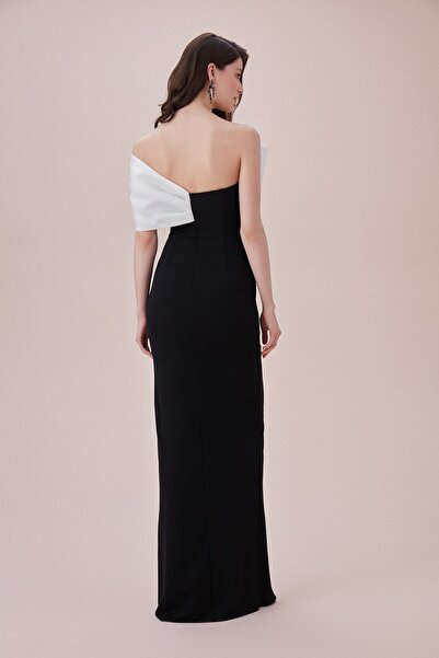 Oleg Cassini Strapless Black Crepe Dress - Bow and Slit Detail