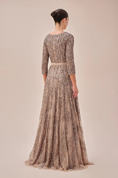 Oleg Cassini Long Sleeve Sequined Mink Evening Dress - 4XLWGIN19027C