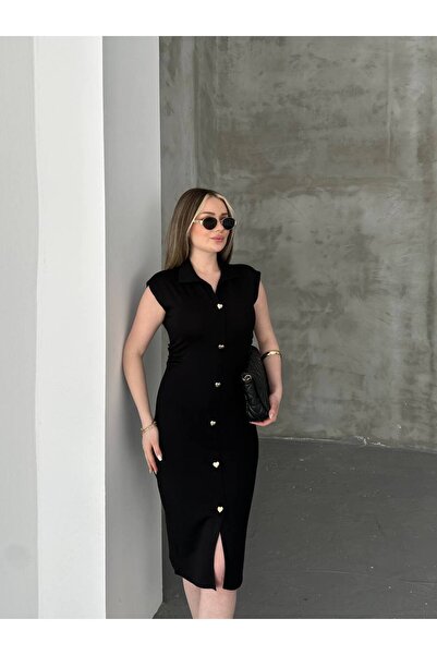 Ware فستان نسائي أنيق برباط بدون أكمام مع تفاصيل أزرار على شكل قلب