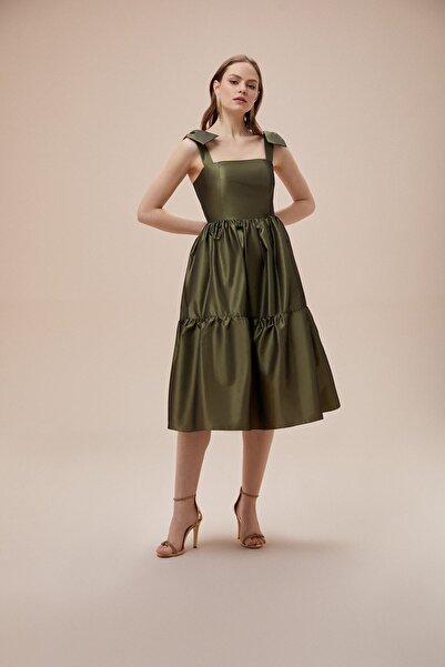 Oleg Cassini Khaki Bow Strap Square Collar Midi Taffeta Dress