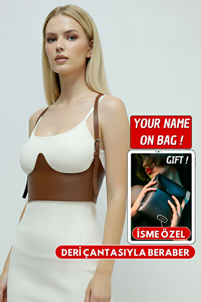 Angels Passion İsminize Özel Deri Çantasıyla Beraber Taba Renk Göğüs Detaylı Boyundan Ayarlanabilir Deri Kemer