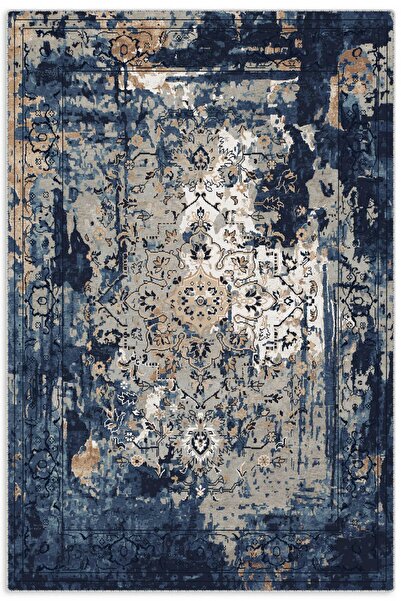 Pastel Home Saçaklı Şönil Pamuk Dekoratif Halı Kilim Yolluk Mavi Lacivert Geçişli Bej Detaylı Tasarım