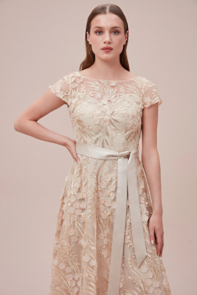 Oleg Cassini Lace Embroidered Short Sleeve Midi Dress
