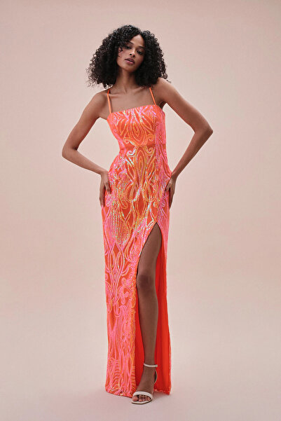 Oleg Cassini Orange Deep Slit Sequined Strappy Evening Dress