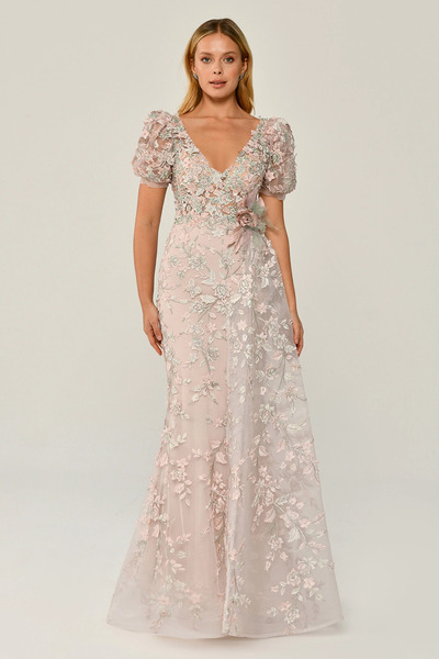 ALFABETA Pudra Rengi Kısa Kollu V Yaka Dantel İşlemeli Uzun Abiye Elbise MA-B...