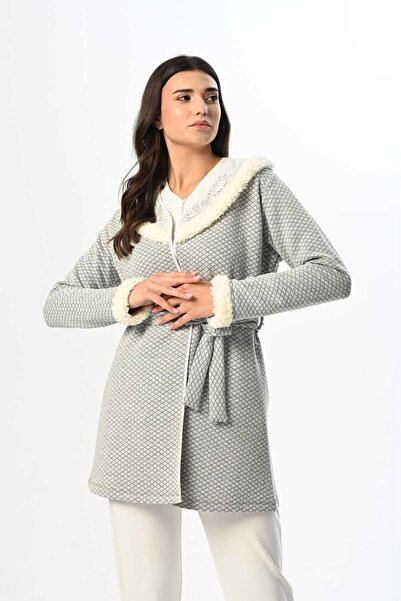 Lohussa Kadın Gri Jakarlı Önden Düğmeli Kışlık Özel Tasarım Hamile Lohusa Sabahlık Pijama Takımı Seti