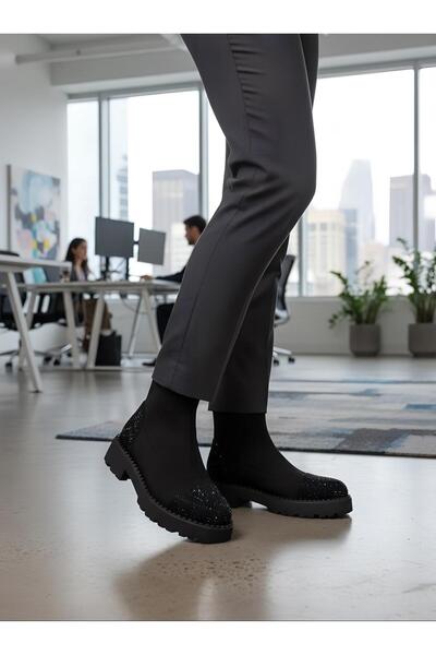 ss shoe & schuh Scuba Taş Detaylı Siyah Kadın Bot Topuk Boyu 4 Cm 24565