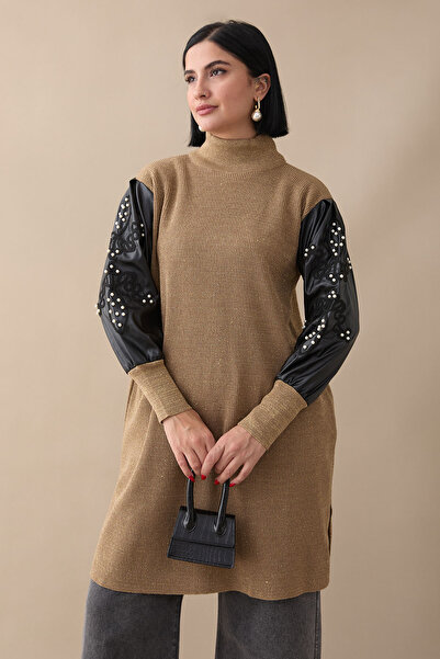 InStyle Туніка з верблюжого трикотажу з сріблястими шкіряними рукавами