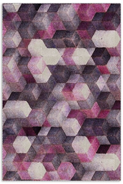 Pastel Home Geometrik Mor Pembe Şönil Halı Kilim Yolluk Yıkanabilir Kaymaz Sa...