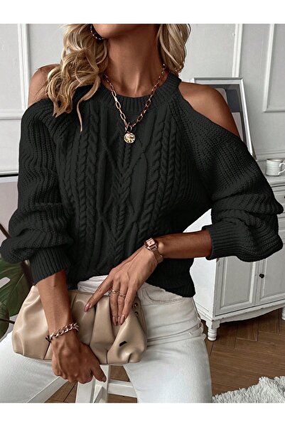 AQE FASHION Pulover de iarnă din tricotat pentru femei, cu țesătură de păr casual, cu decolteu deschis, negru