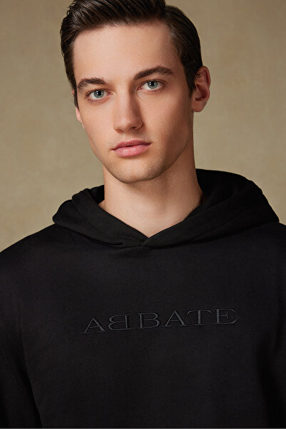 Abbate Special Design Embroidery Detailed Cotton Relaxed Cut Black Hooded Oversize Sweatshirt Hoodie