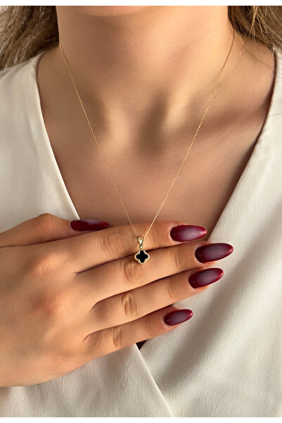 DİAMİNE PIRLANTA 14 Ayar Altın Zincirli Siyah Taşlı Yonca Kolye