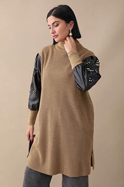 InStyle Leather Glittered Camel Knitwear Tunic with Sleeves