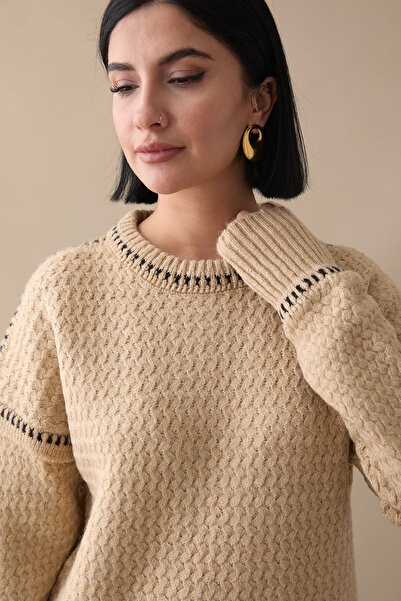InStyle Pulover Camel - Cu Detaliu Piping și Ridicat