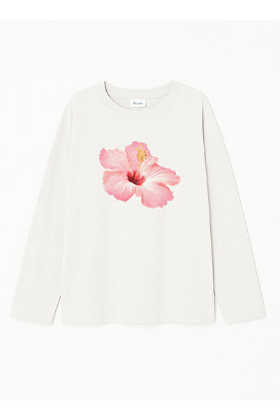 Disante Μπλουζάκι με μακρύ μανίκι με λαιμόκοψη ποδηλάτου, 100% βαμβάκι, υπερμεγέθη, ανοιχτό ροζ με στάμπα ιβίσκου