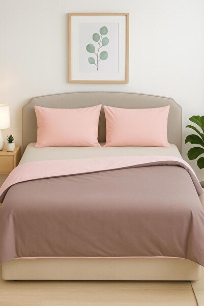 S&R Set de lenjerie de pat dublu cu cearșaf colorat, reversibil, bej