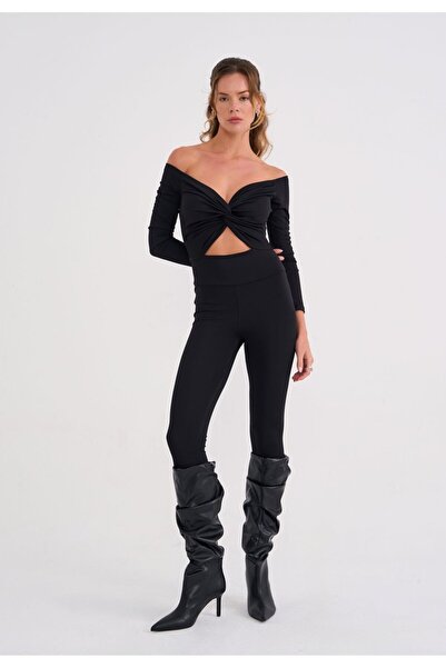 La Sarta Sorento Kadın Önden Büzgülü Kalp Yaka Siyah Tulum