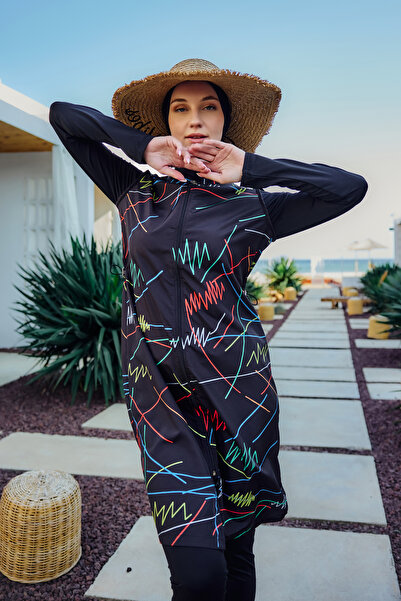 Remsa Mayo Remsa Colorful Stripe Patterned Fully Covered Hijab Swimsuit R005 Reyhan