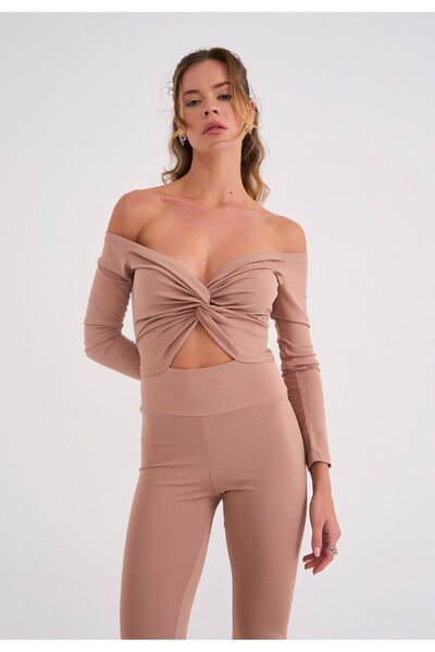 La Sarta Sorento Women's Front Gathered Heart Collar Stone Color Jumpsuit