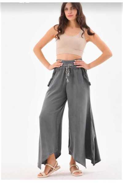 pier moda Woven Linen Baggy Trousers -Bohemian -Comfortable-Organic Fabric-100% Cotton Gray Elastic Waist