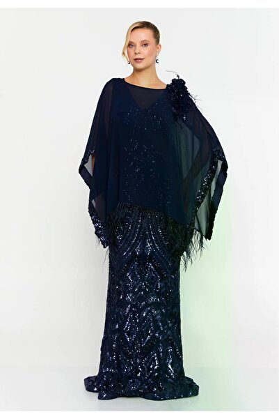 MAXXE 5938PSF ÜSTÜ ŞİFON TÜYLÜ PELERİNLİ PAYET ELBİSE