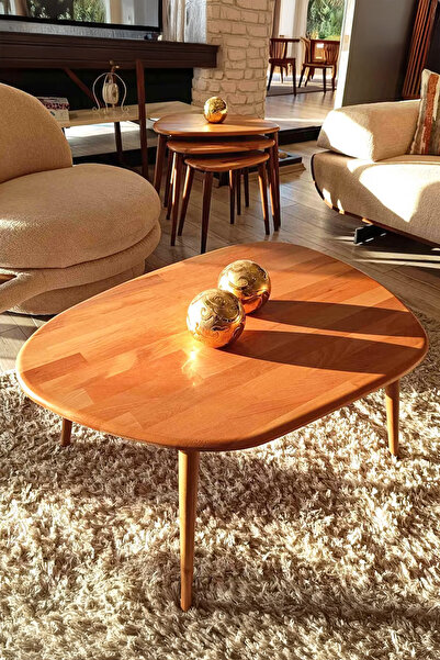 Fawdecor Oval Masif Doğal Ahşap Orta Sehpa ve 3'lü Zigon Sehpa Seti,Modern As...