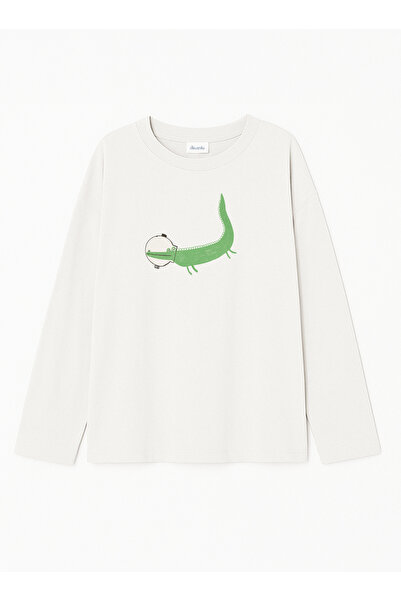 Disante %100 Pamuk Oversize Fit Timsah Baskılı - Bisiklet Yaka Uzun Kollu T-s...
