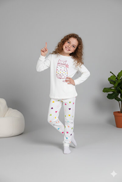 MADALİNA Girl's 100% Cotton Cream Heart Pattern Winter Pajama Set