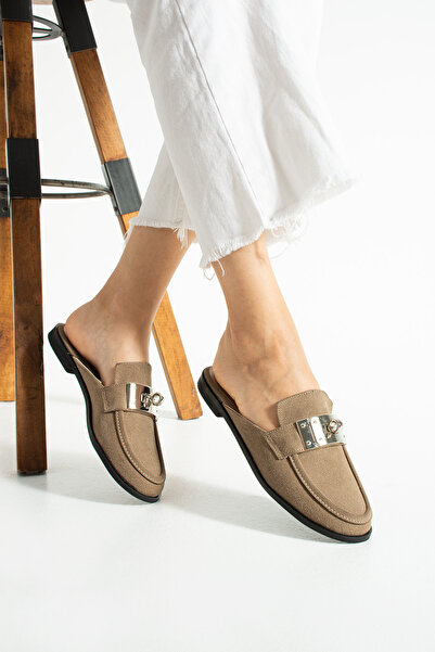 diclepolat Kadın Vizon Süet Metal Tokalı Burnu Kapalı Mule Loafer Terlik