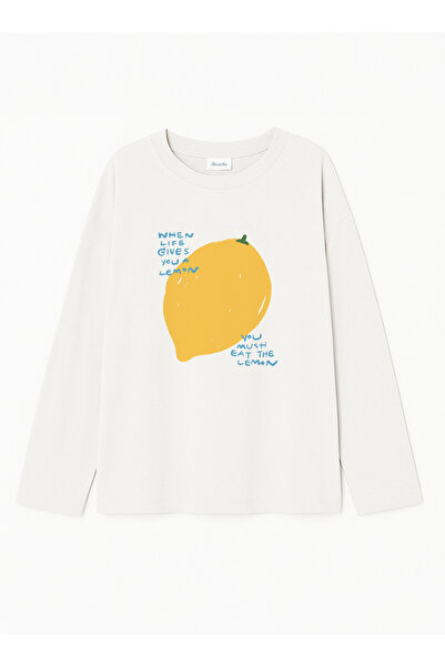 Disante %100 Pamuk Oversize Fit Eat The Lemon Baskılı - Bisiklet Yaka Uzun Ko...