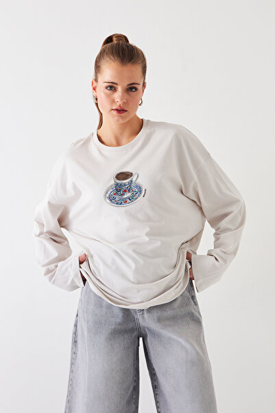 Disante %100 Pamuk Oversize Fit Turkish Coffee 2 Baskılı - Bisiklet Yaka Uzun...