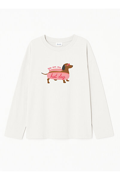 Disante 100% bumbac, cu potrivire oversize, tricou cu mânecă lungă cu decolteu rotund, imprimat cu textul „You are one hot dog”.