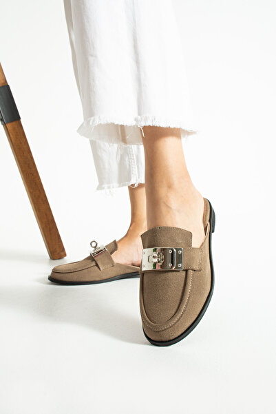 diclepolat Kadın Vizon Süet Metal Tokalı Burnu Kapalı Mule Loafer Terlik