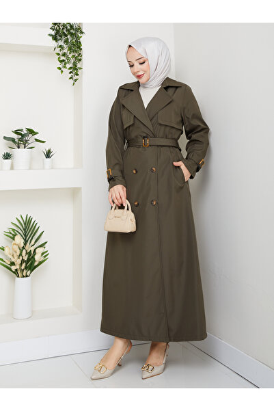 RACE FASHİON Tesettürlü Su Geçirmez Kruvaze Yaka Kemerli Tam Boy Trençkot RC1403056