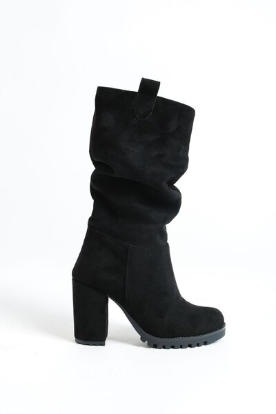Mubiano MBZFR5014S-S Kadın Siyah Süet Kalın Topuklu Körüklü Çizme