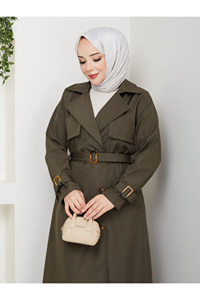RACE FASHİON Tesettürlü Su Geçirmez Kruvaze Yaka Kemerli Tam Boy Trençkot RC1403056