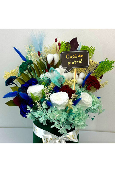 velve Aranjament floral Infinity,flori naturale criogenate,pancarta cu textul "Casa de piatra!", 43 cm