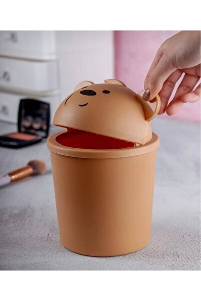AKTEZ-EL Coffee Mini Desktop Trash Can Color Coffee 1 Lt for Kids with Teddy Bear for Office Study Table