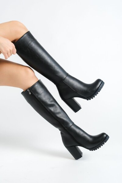 Mubiano Mbzfr5013d-s Cizme lungi cu fermoar, negre, cu toc gros