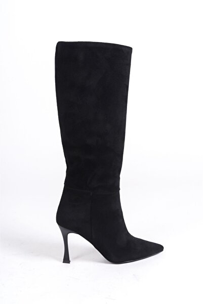 Mubiano MBHRNS1818-S Дамски суедени тънки 9 см токчета с остри върхове черни дълги ботуши