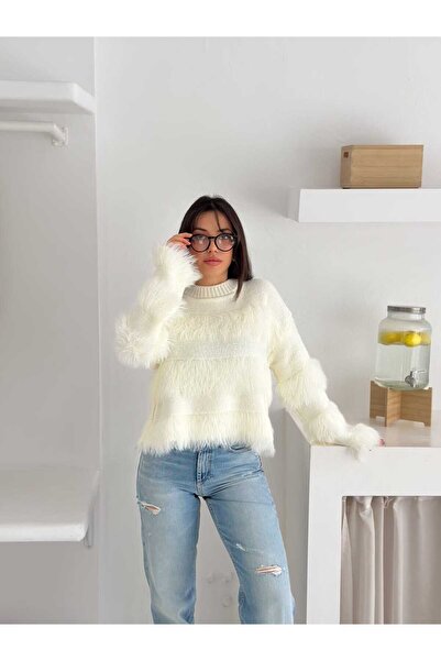 Brantu Long Sleeve Fringed Women's Ecru Knitwear Sweater