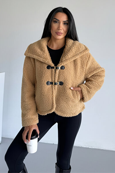 HİRAMİR Peluş Deri Tokalı Geniş Yakalı Mont Camel KS2502