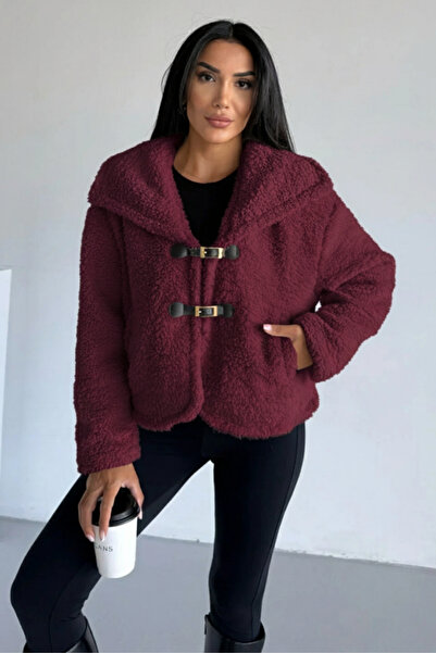 HİRAMİR Peluş Deri Tokalı Geniş Yakalı Bordo Mont KS2502