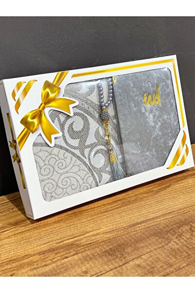 AYHANHOME Gift Bundle Taffeta Fringed Gray Prayer Rug Yasin Prayer Beads Set