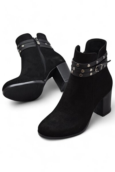 ISPARTALILAR 650 Daily γυναικείες μπότες με τακούνι Παπούτσια Nubuck Μαύρα κλασικά μποτάκια με τακούνι