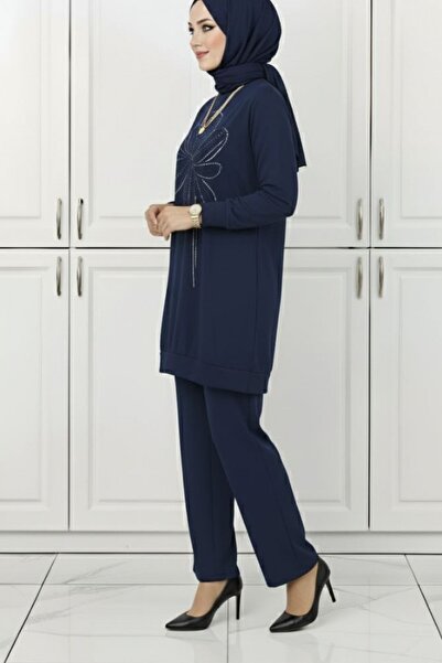 Mercan Nur Sema Takim Lycra Crystal Cotton Fabric Hijab Double Set Stone Detail Navy Blue