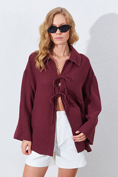 EDITION WOMAN Cămașă kimono din muselină burgundă din bumbac natural cu șireturi